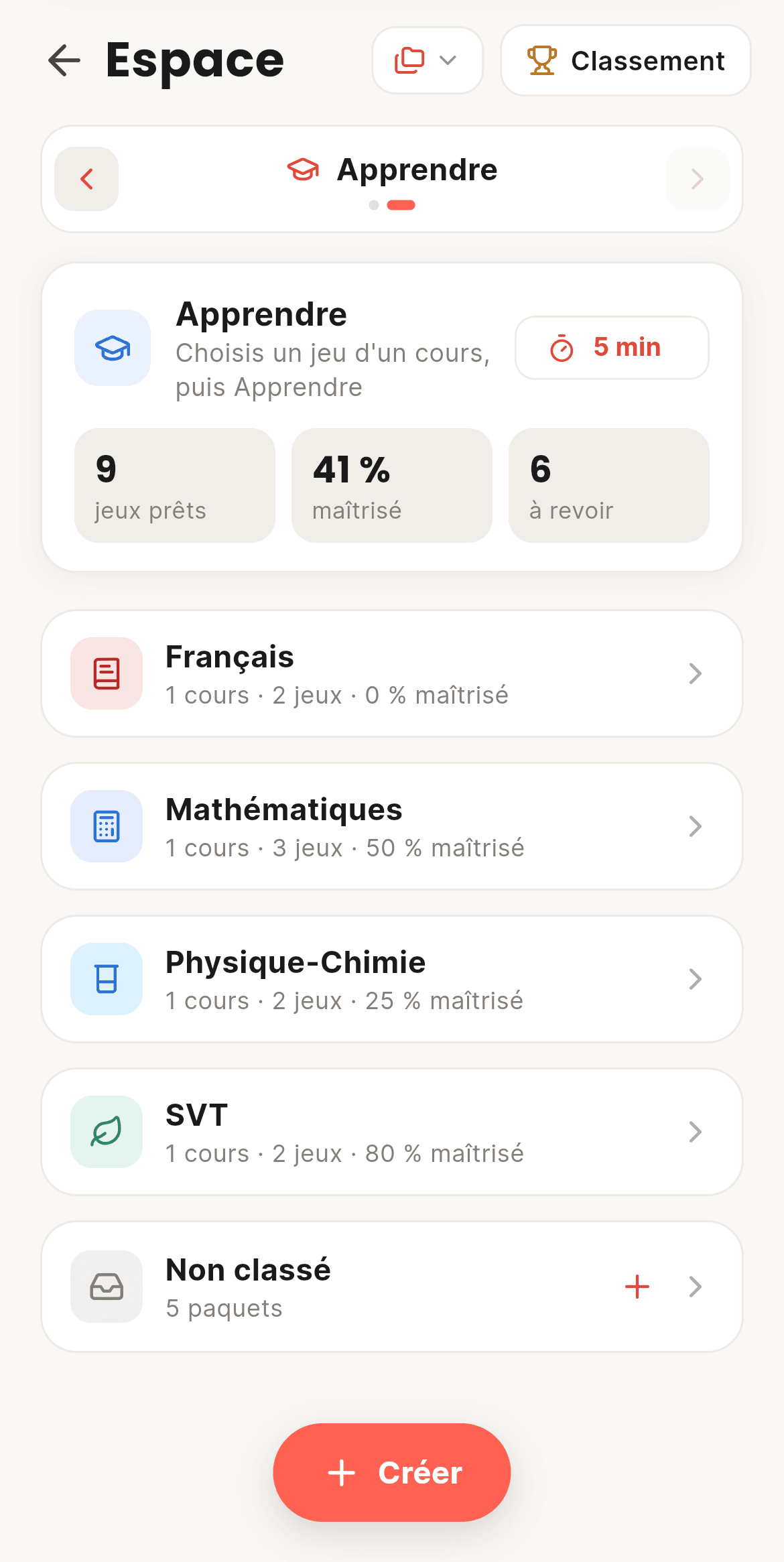 Écran de CoolRoom : Apprendre