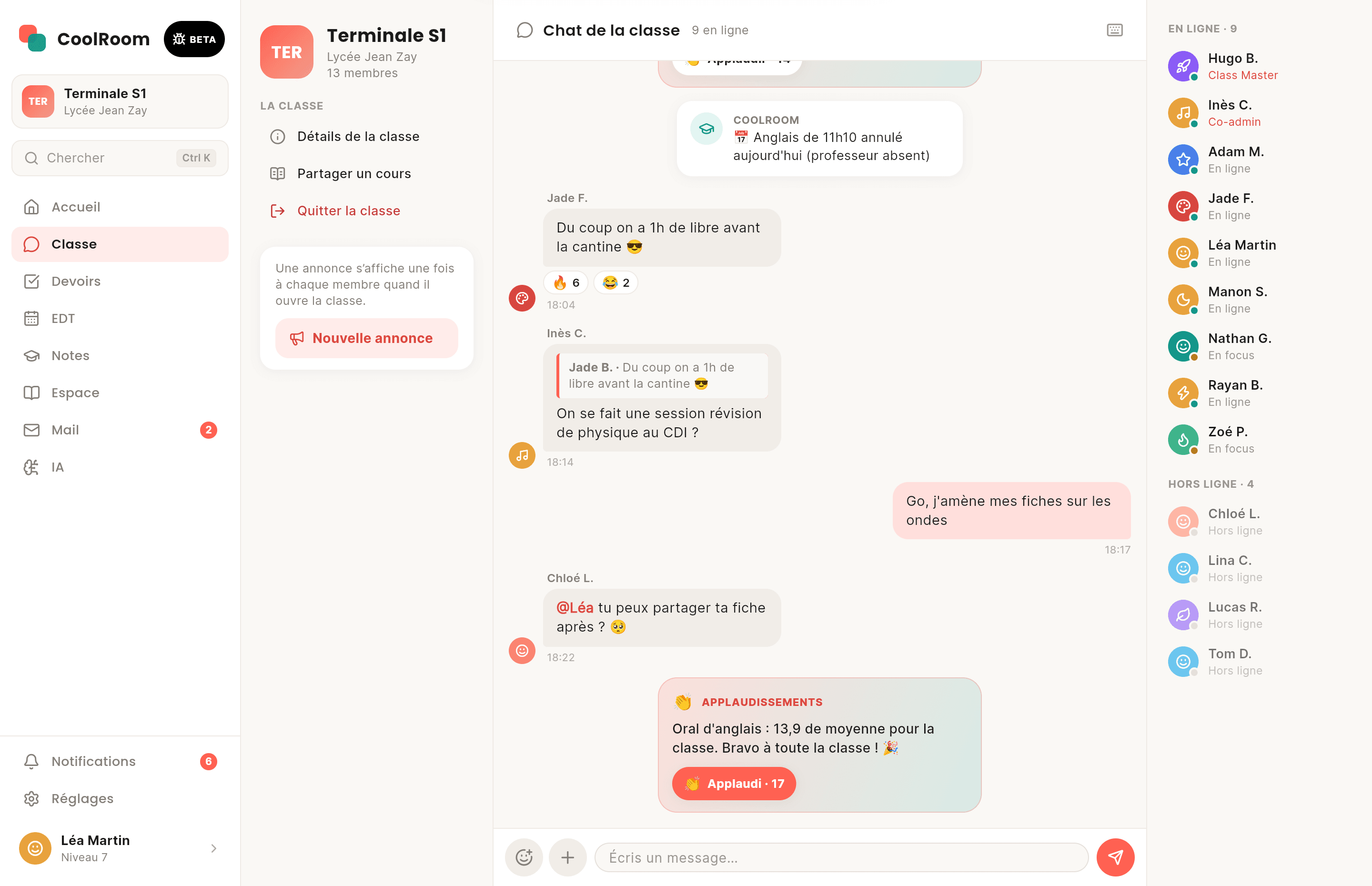 Écran de CoolRoom sur ordinateur : Chat de classe