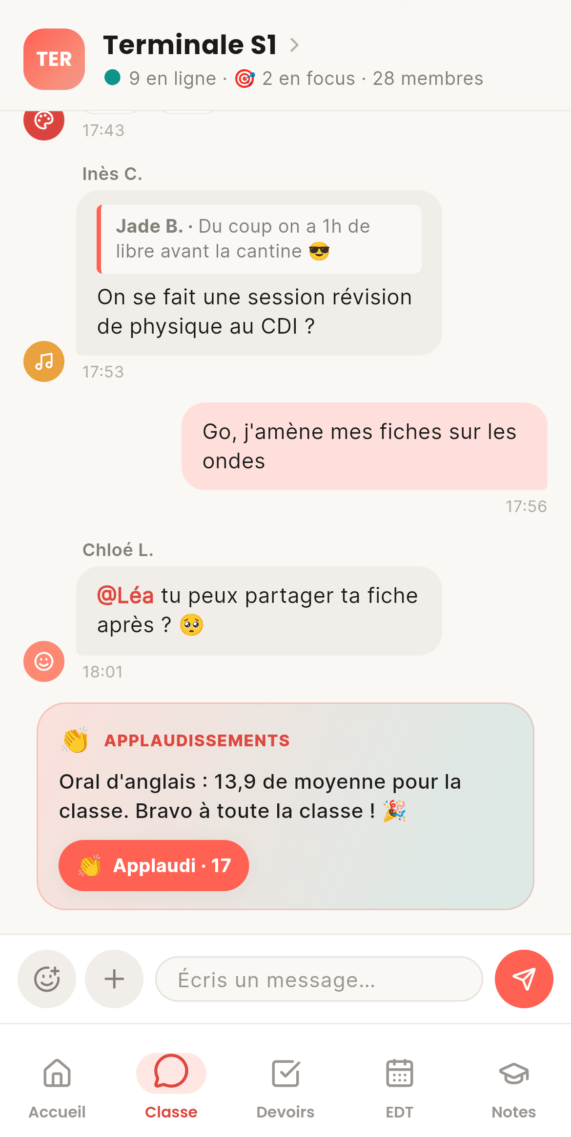 Écran de CoolRoom : Chat de classe