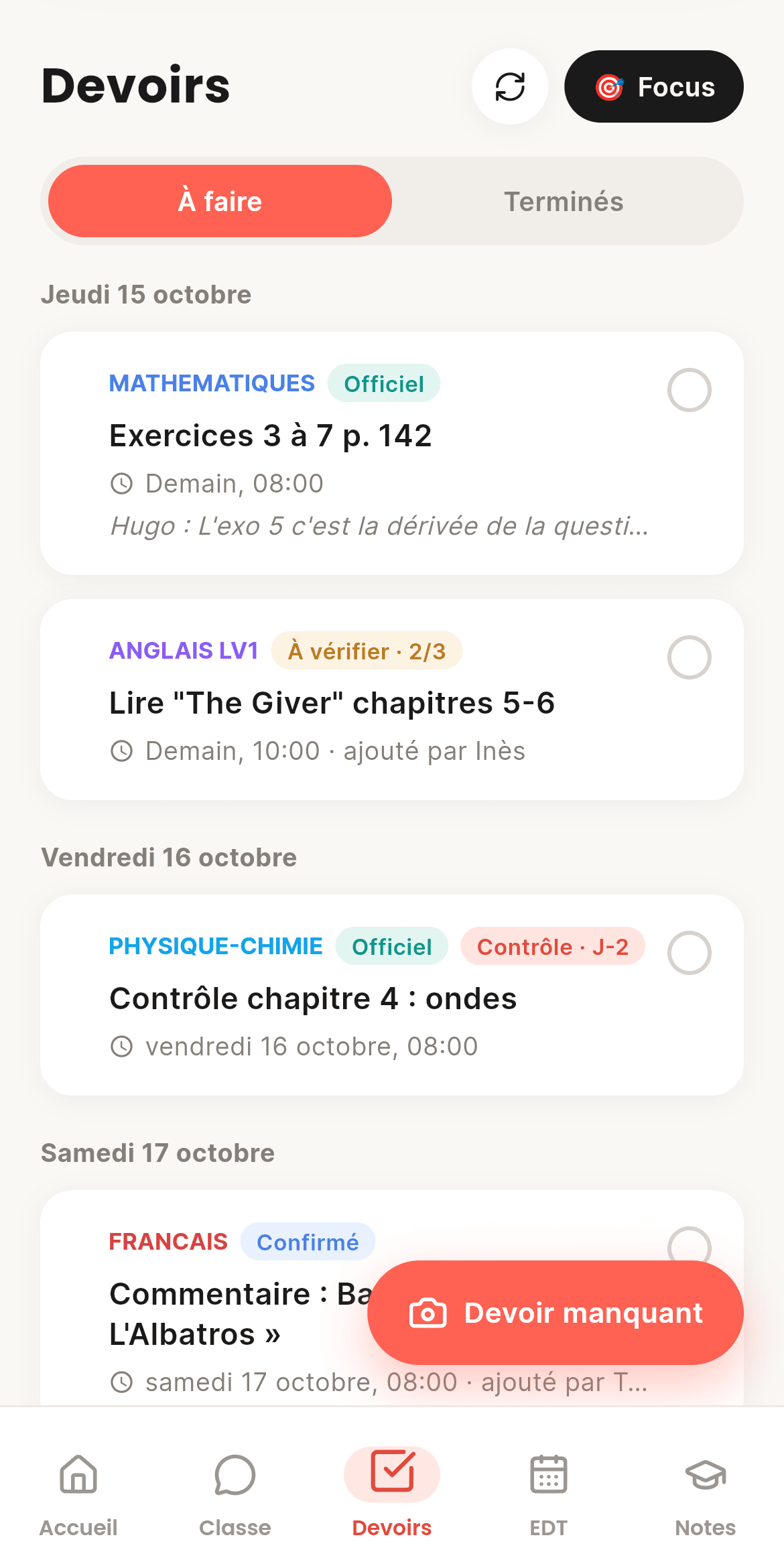 Écran de CoolRoom : Devoirs