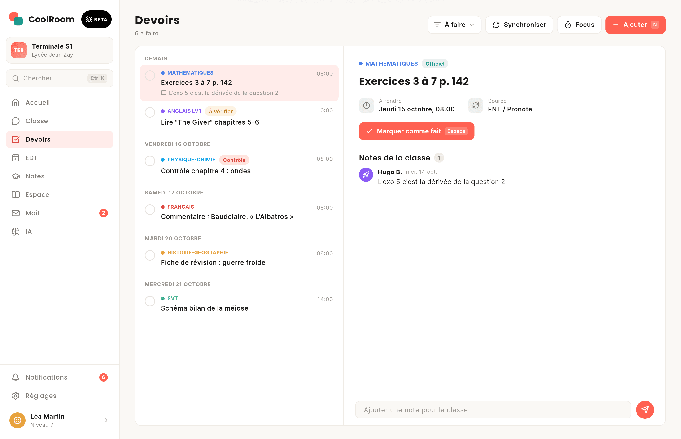 Écran de CoolRoom sur ordinateur : Devoirs