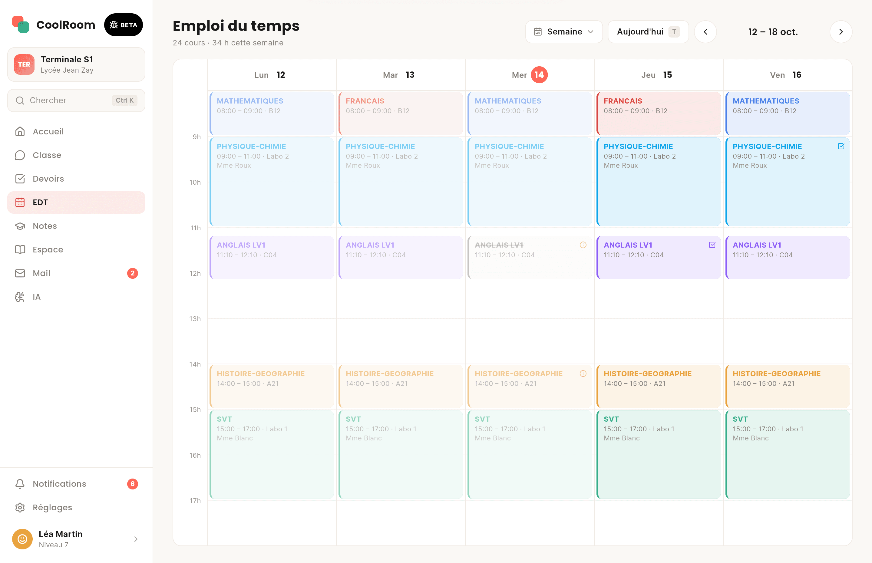 Écran de CoolRoom sur ordinateur : Emploi du temps