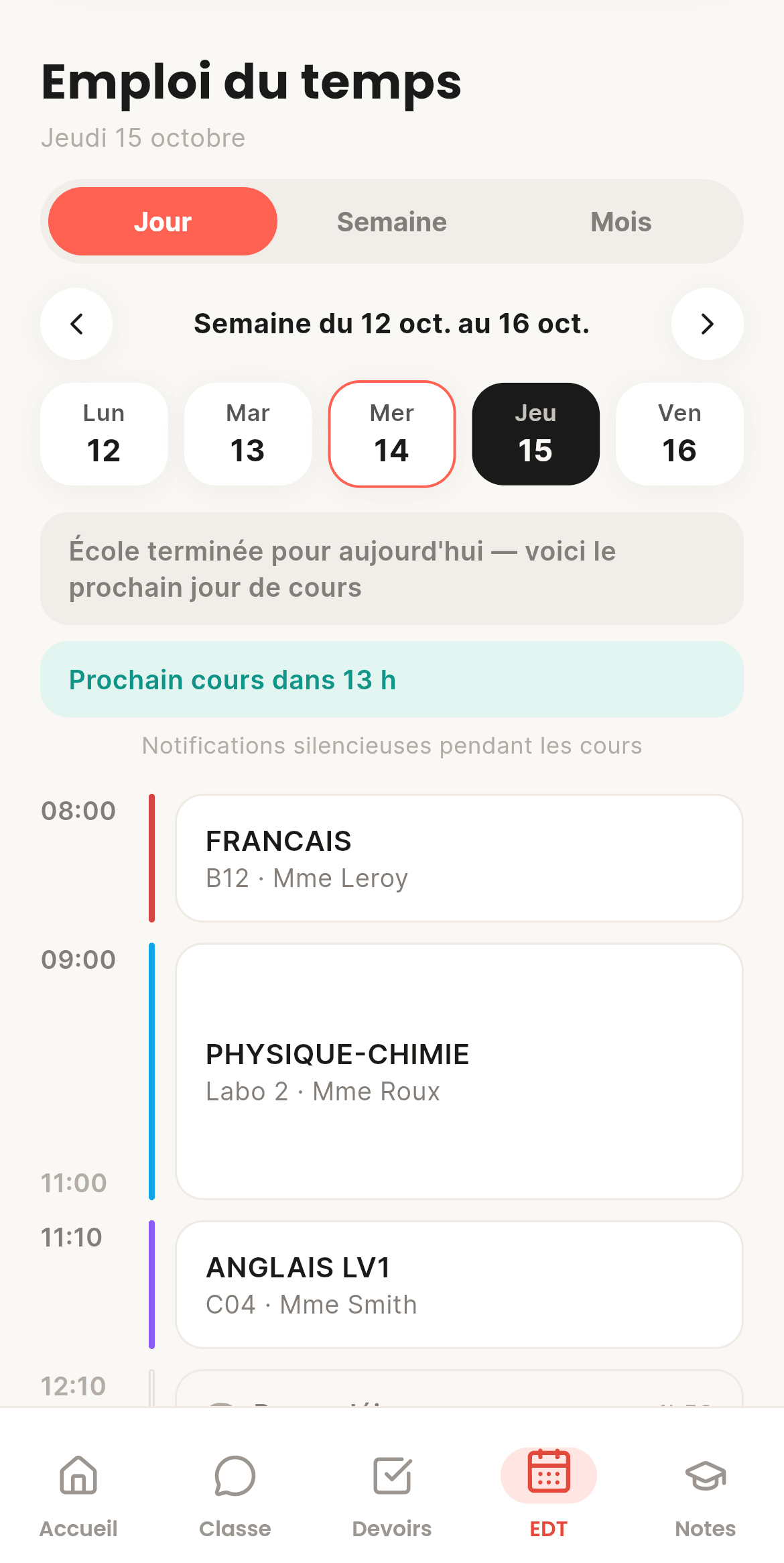 Écran de CoolRoom : Emploi du temps