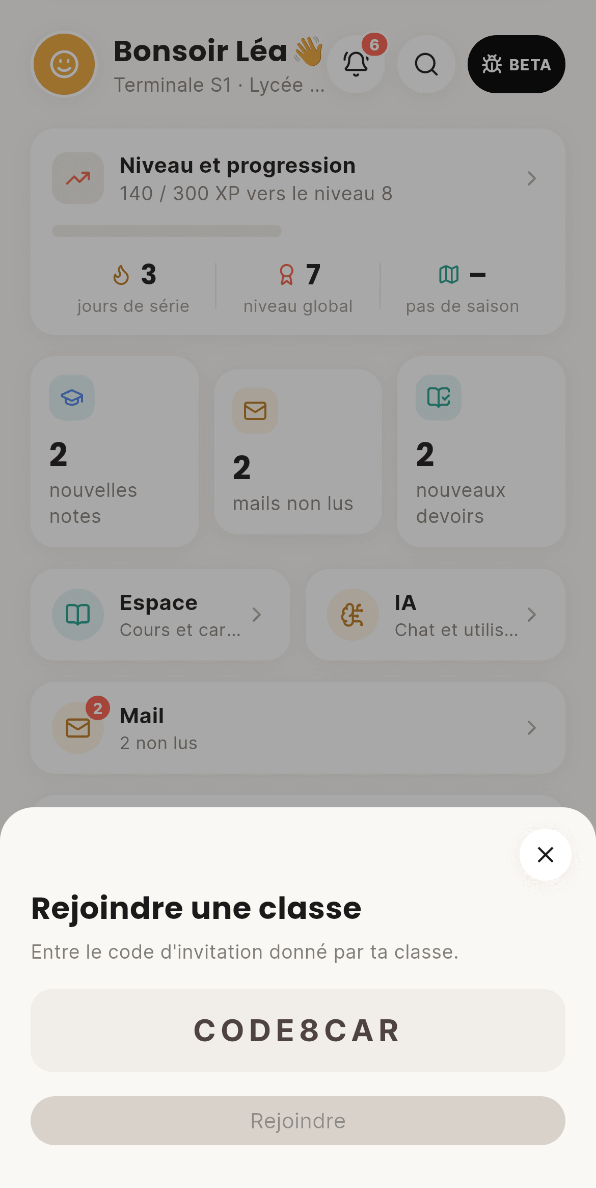 Écran de CoolRoom : Classes et lycées