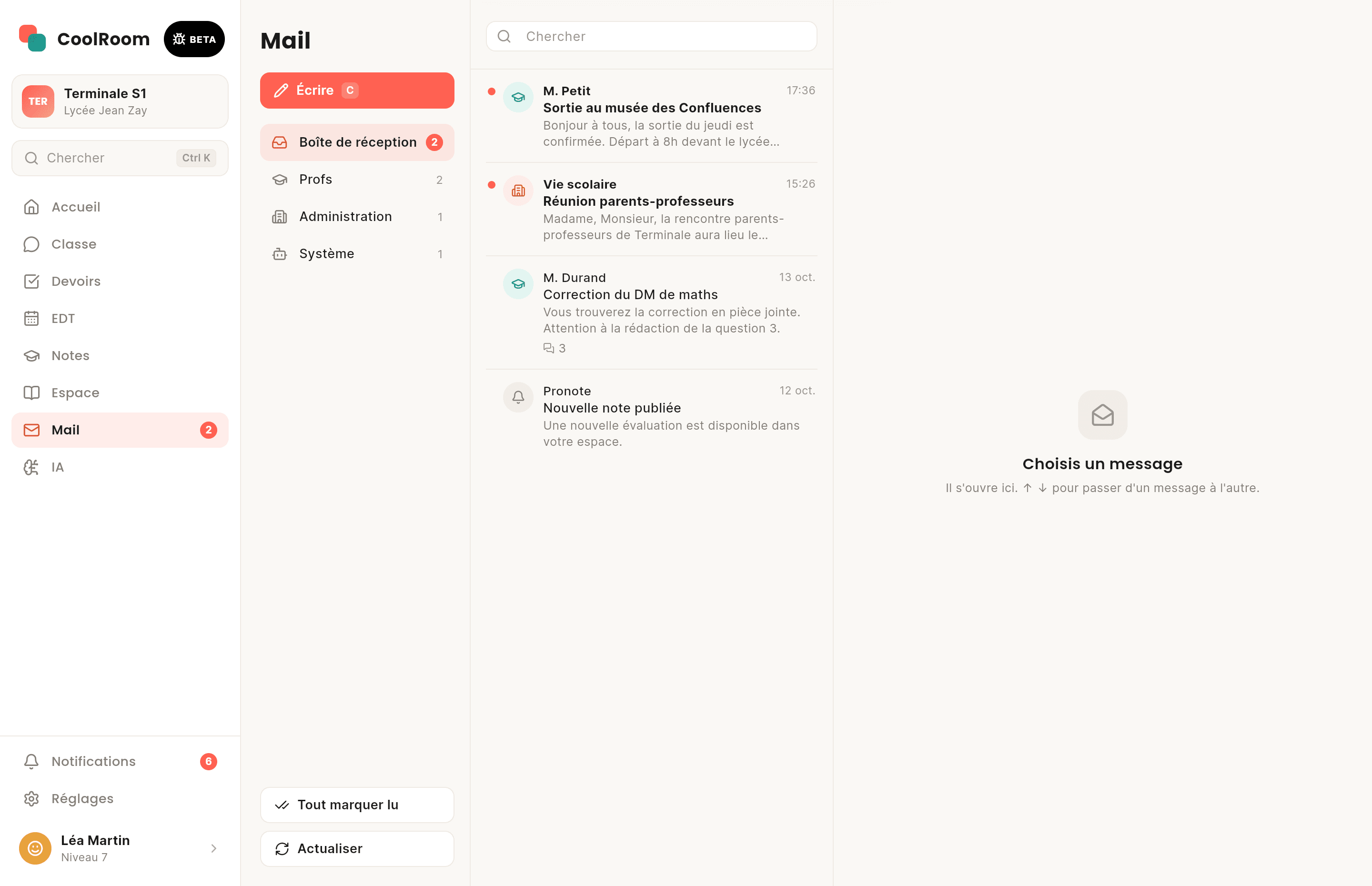 Écran de CoolRoom sur ordinateur : Mail