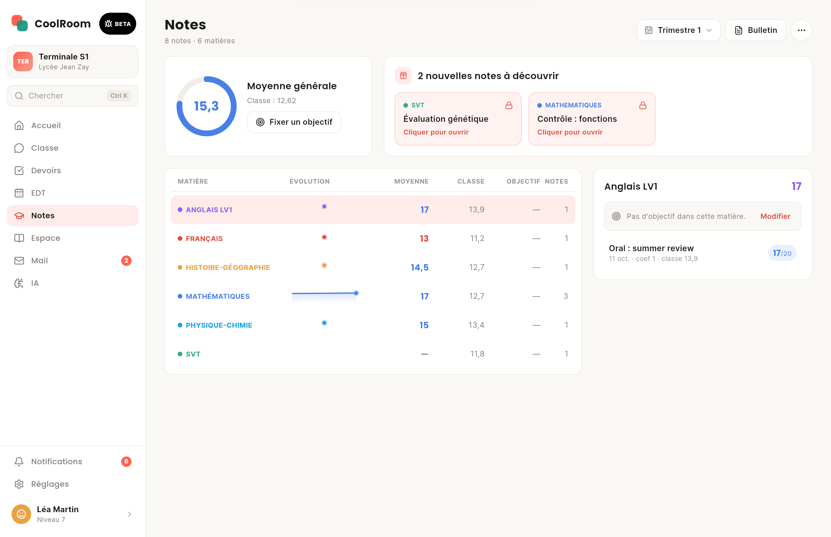 Écran de CoolRoom sur ordinateur : Notes