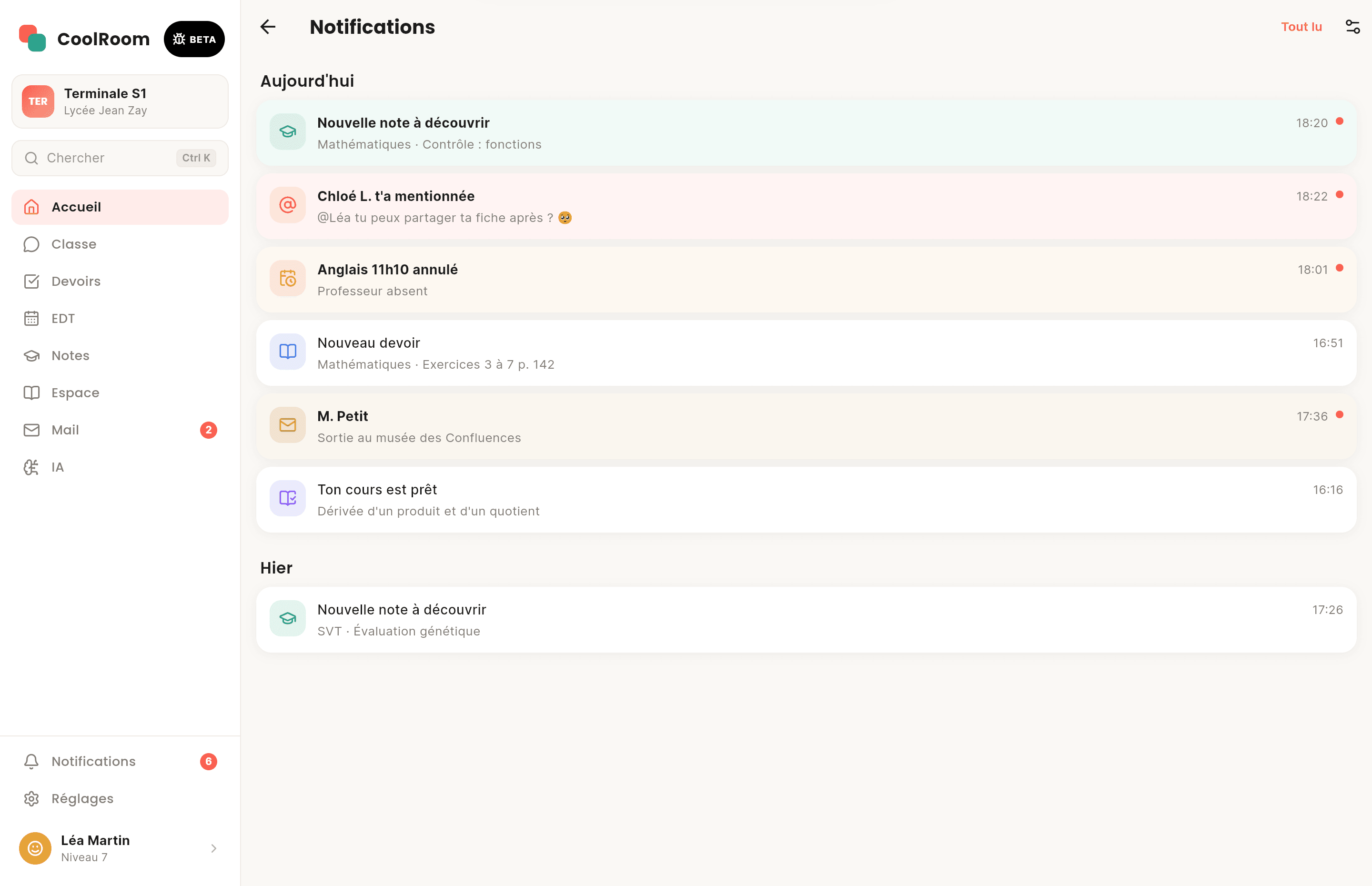 Écran de CoolRoom sur ordinateur : Notifications