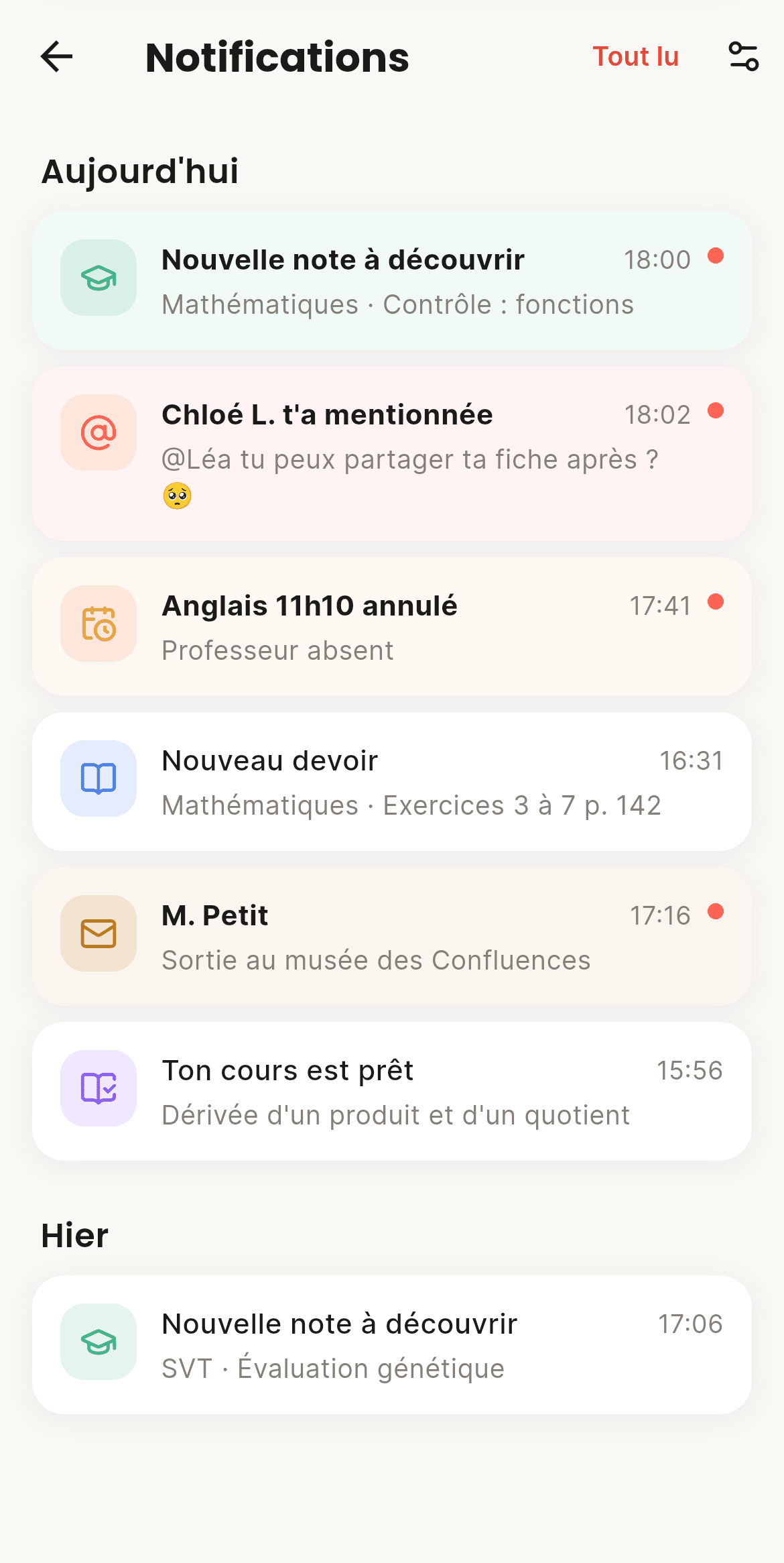 Écran de CoolRoom : Notifications