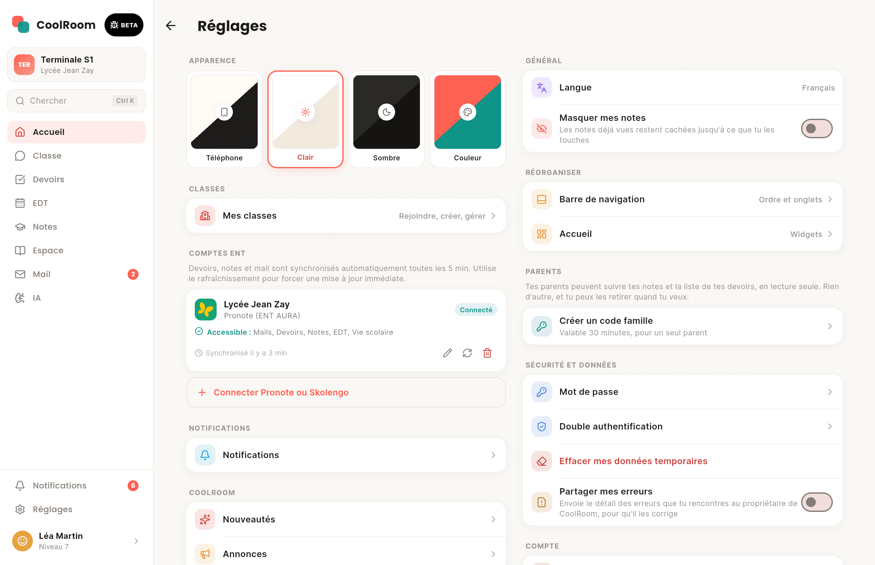 Écran de CoolRoom sur ordinateur : Pronote, Skolengo, EduConnect