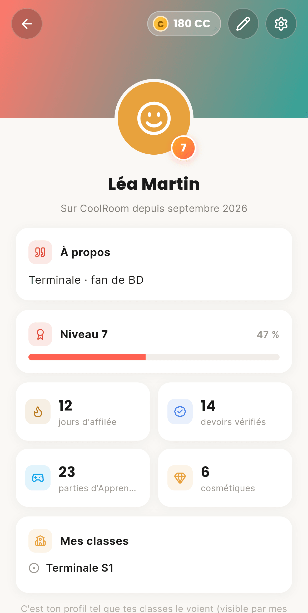 Écran de CoolRoom : Progression et profil