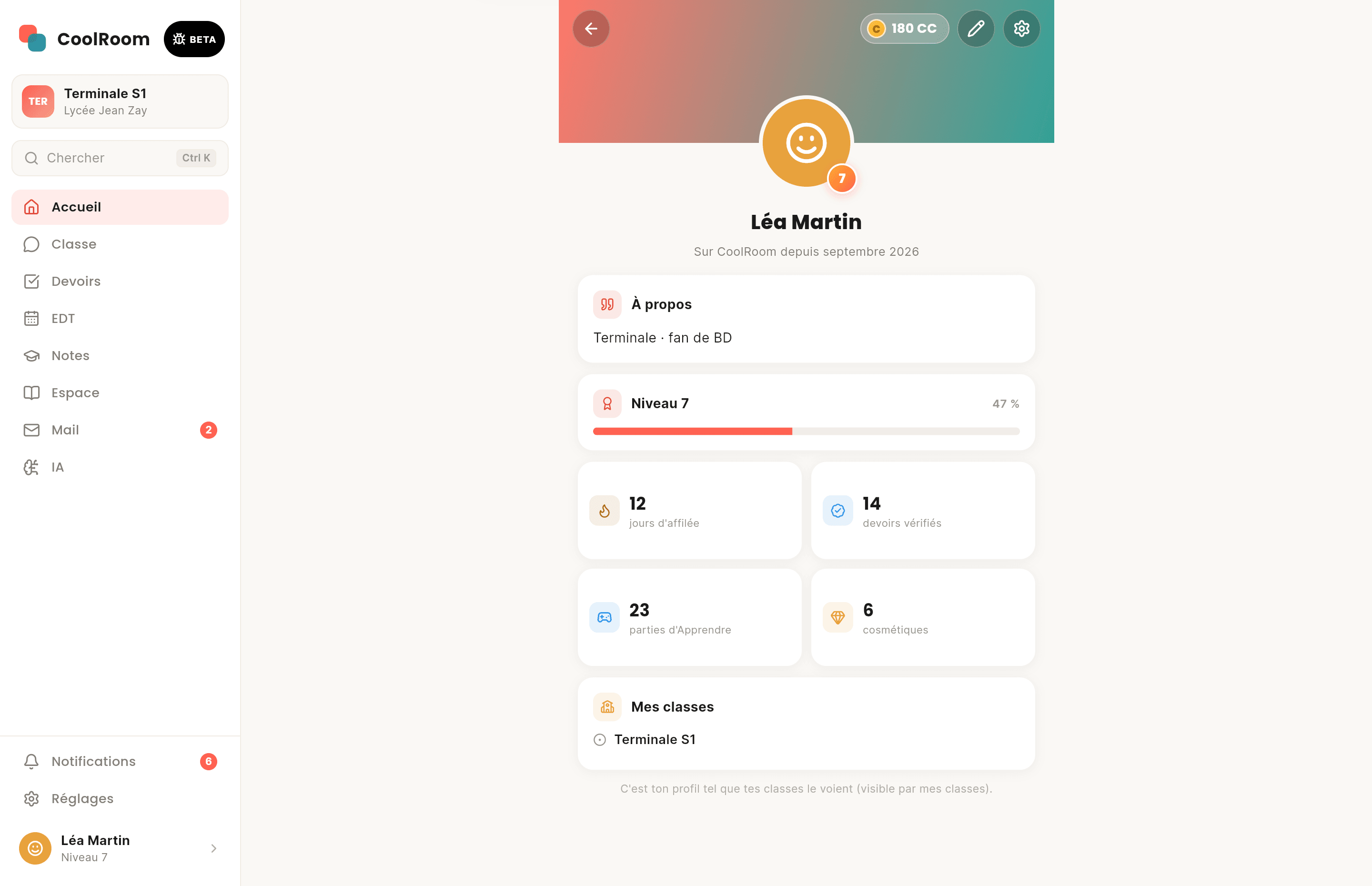 Écran de CoolRoom sur ordinateur : Progression et profil